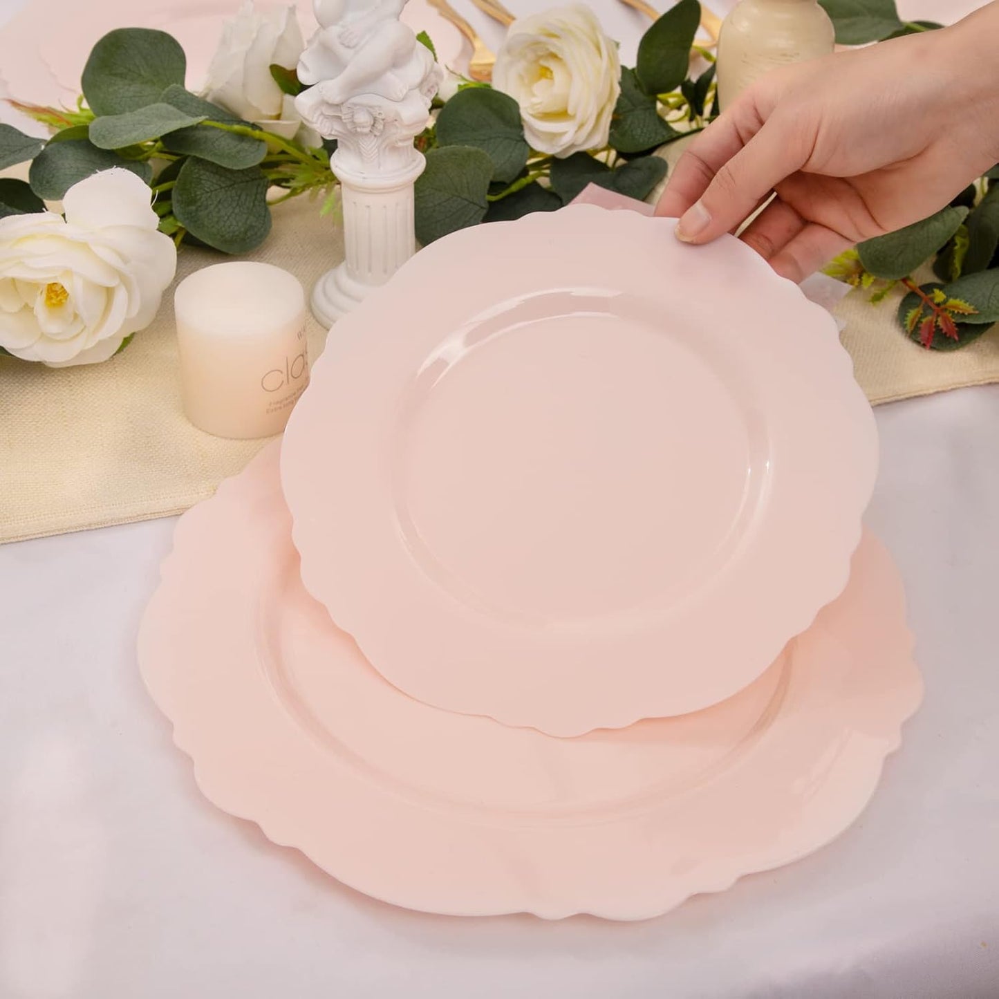 WDF 60pcs Pink Plastic Plates - Baroque Pink Disposable Plates Including 30 Dinner Plates 10.25inch, 30 Dessert Plates 7.5inch for Upscale Wedding &Parties