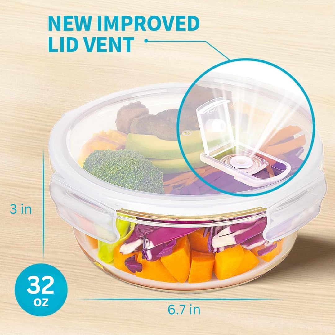 Igluu Meal Prep Glass Containers [5 pack + extra lid] - Glass Food Storage, Microwave, Oven, Freezer & Dishwasher -safe - Airtight Meal Prep Boxes with Snap Lock Steam Vent Lids, BPA-Free (950ml 32oz)