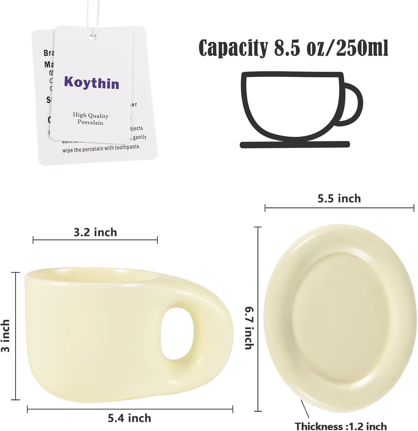 Koythin Ceramic Coffee Chubby Mug Saucer Set, Creative Cute Fat Handle Cup with Saucer for Office and Home, Dishwasher and Microwave Safe, 10 oz for Latte Tea Milk (Beige)