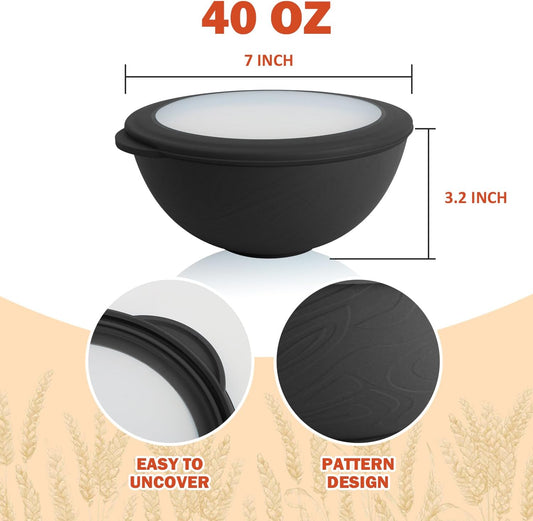Wrova 40oz wheat straw bowls set of 4,unbreakable ramen bowl set with cover,alternative plastic bowls with cover for kitchen,party,camping and picnic. Black