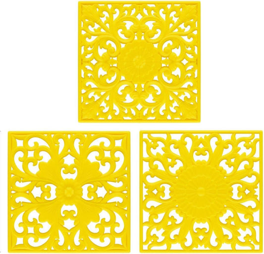 Silicone Trivets for Hot Dishes-Pots&Pans, Square Multi-Use Carved Trivet Mat, Insulated Silicone Mats, Flexible Trivet Mat for Countertop & Tabletop, Pot Holders Hot Pads Set 3 Yellow