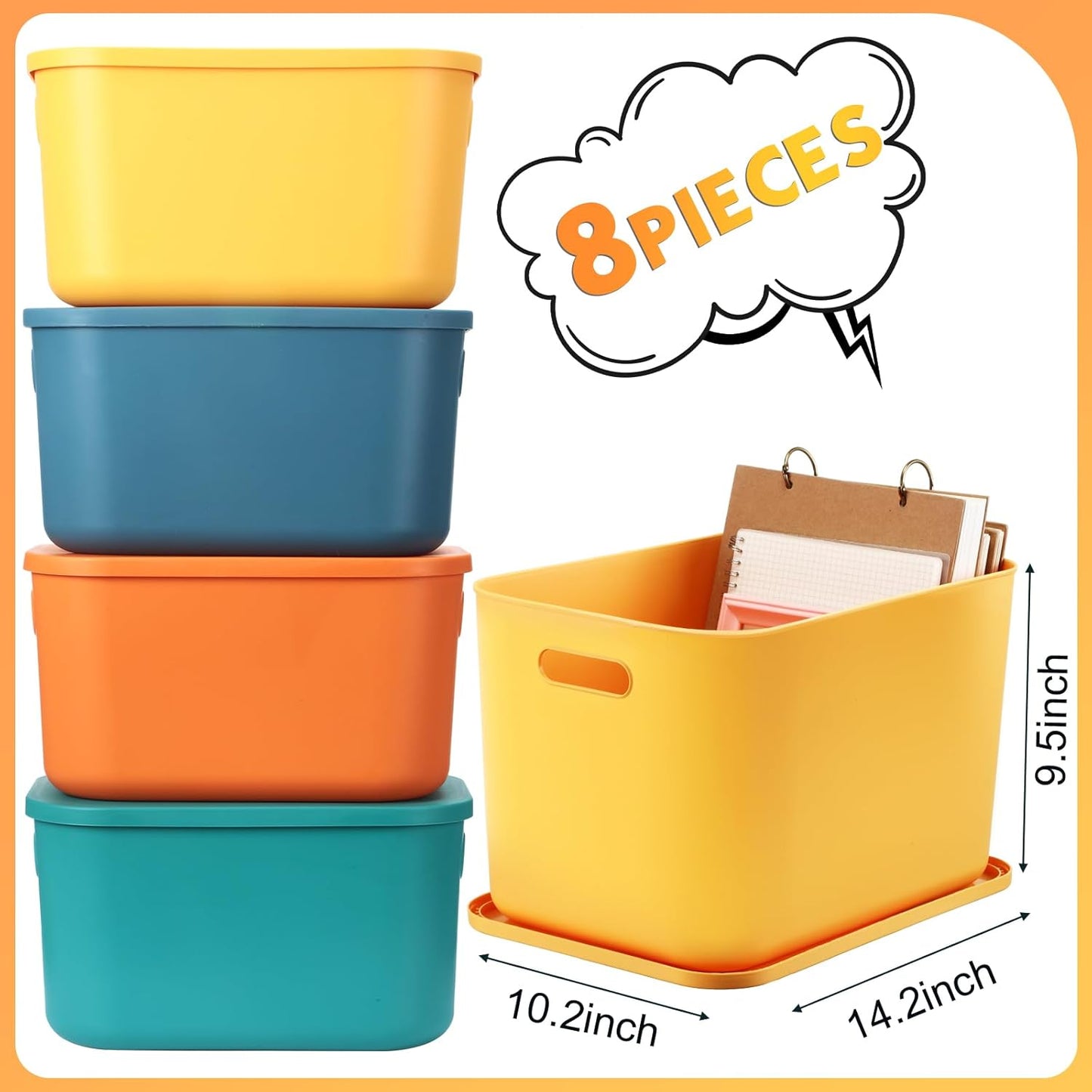 Hoolerry 8 Pieces Colorful Storage Bins with Lid, Plastic Storage Basket Organizing Container Stackable Box with Handle for Shelves Desktop Playroom Office(14.2 x 10.2 x 9.5 Inch,Multi-colored)