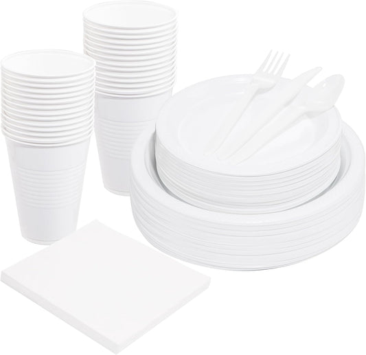 WELLIFE 210 Pieces White Party Supplies, White Plastic Dinnerware Set, Including Plates, 16OZ Cups, Plastic Cutlery and Paper Napkins Serve 30 Guests for Party