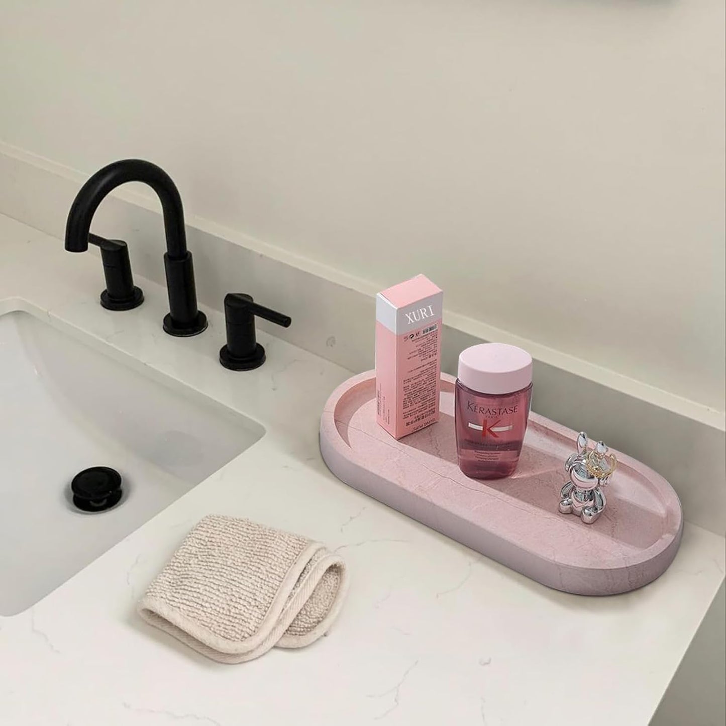 Natural Travertine Tray, Vanity Trays for Bathroom Countertop Organizer, Marble Decor Tray for Kitchen Counter (Pink, 9.8")