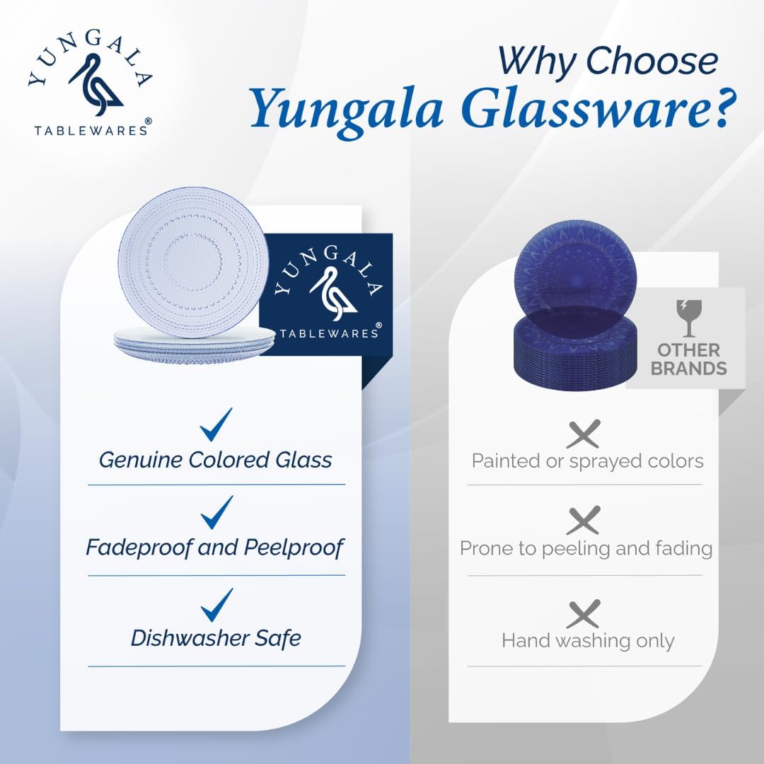 Yungala Blue Glass Plates set of 4 hobnail design textured plates with dot pattern blue glassware, pair with matching wine glasses and drinking glasses.