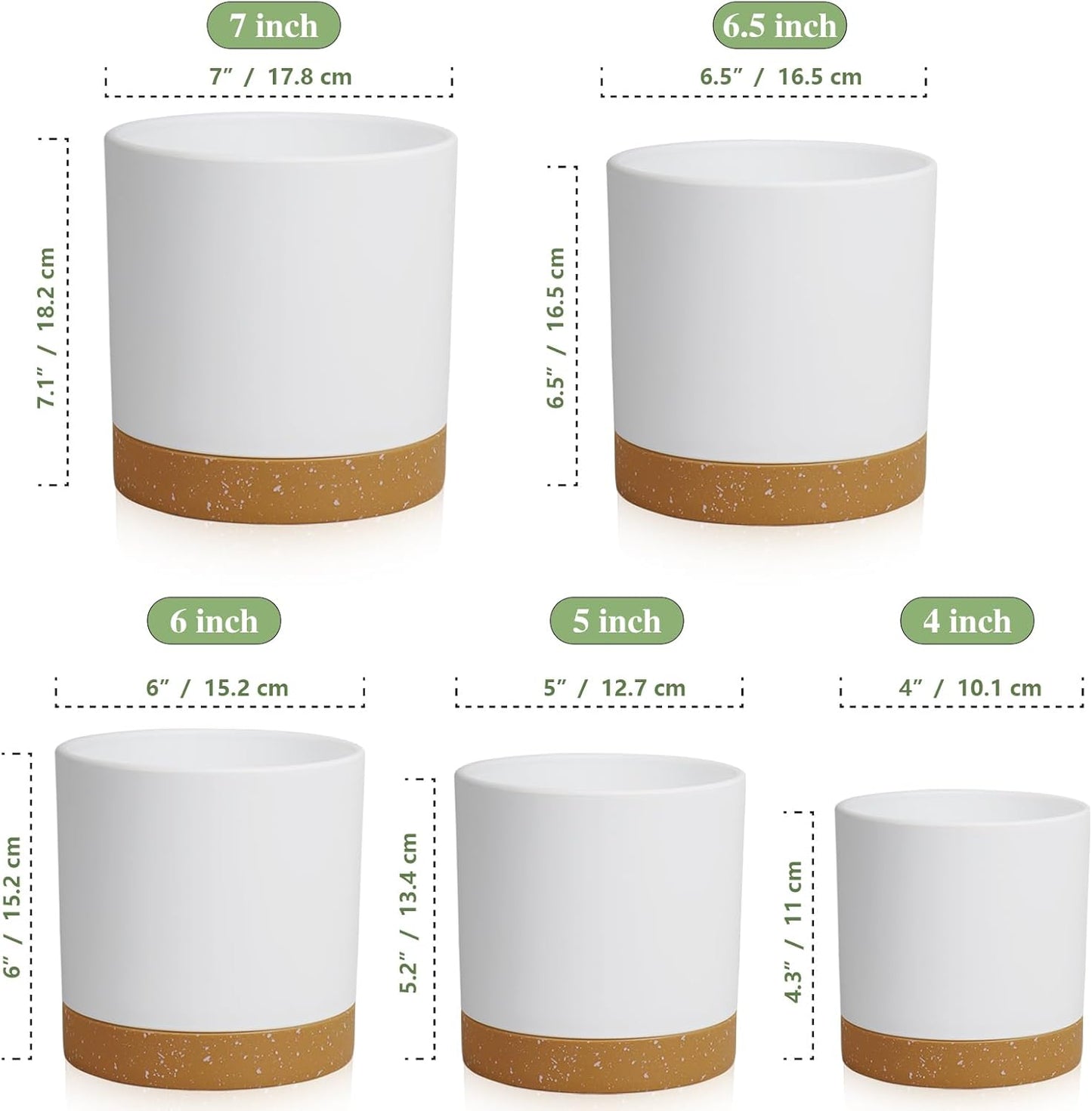 5 Pack Cylindrical Flower Pots with 7/6.5/6/5/4 inch, Modern Small Plastic Plant Pots with Drainage Holes & Saucers, Round Planter Pots for Outdoor, Indoor & Office Decor (White Brown)