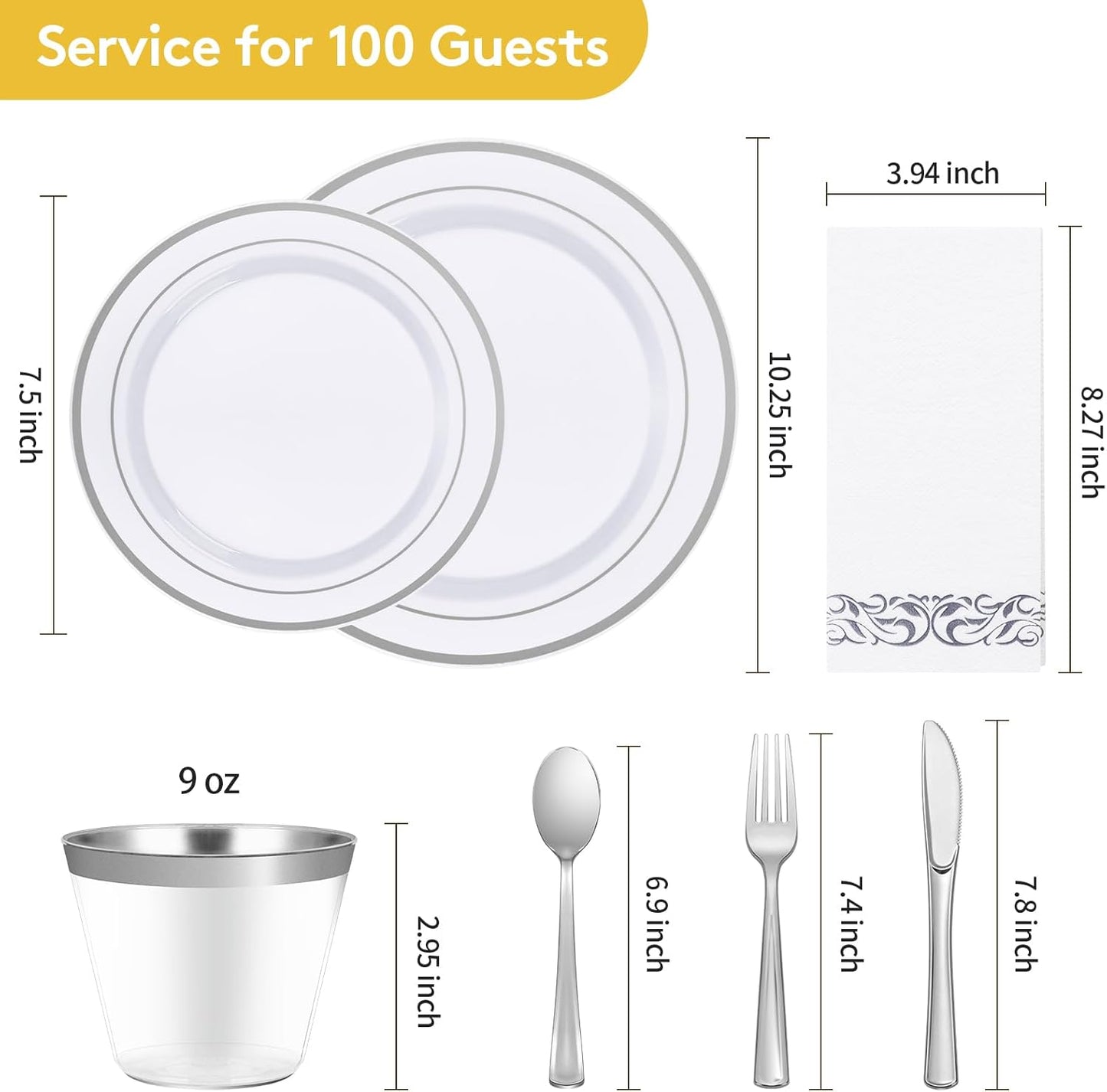 Goodluck 700 Piece Silver Dinnerware Set for 100 Guests, Disposable Plastic Plates for Party, Include: 100 Dinner Plates, 100 Dessert Plates, 100 Paper Napkins, 100 Cups, 100 Silverware set