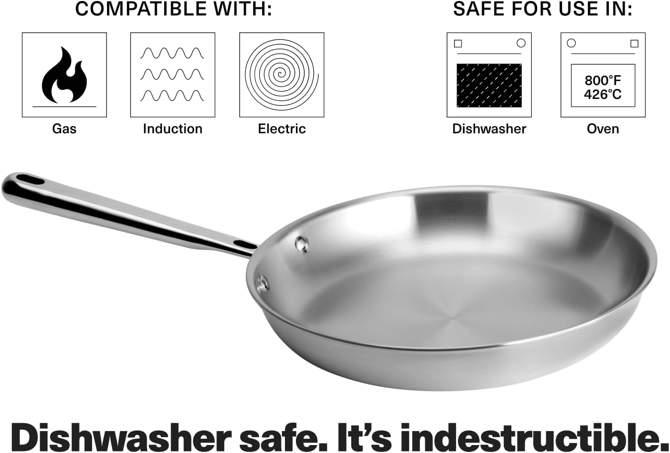 Misen 5-Ply Stainless Steel 10" & 12" Frying Pan Set - Professional Cookware for Induction, Gas and Electric - Dishwasher Safe, Oven Safe to 800°F - Durable, Versatile, Even Heating