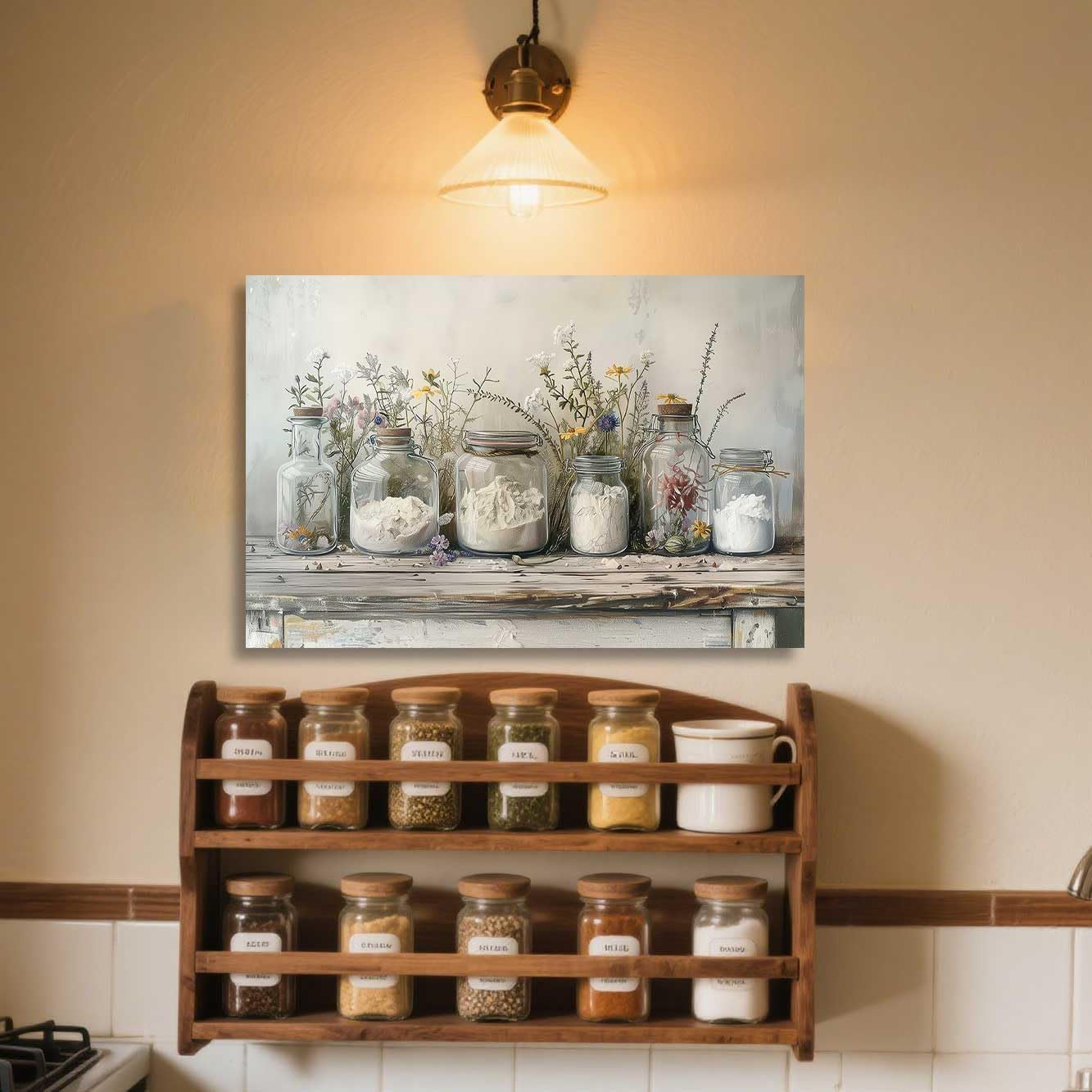 ZSHARTSWD Farm Kitchen Wall Art Country Mason Jar Spice Pictures Still Life Culinary Canvas Print Vintage Spices Food Painting Dining Room Home Decor Framed (White, 24.00" x 36.00")