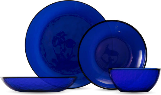 FORTESSA Los Cabos Tableware, 16-Piece Glass Dinnerware Set with 4 Dinner Plates, 4 Salad Plates, 4 Coupe Bowls and 4 Cereal Bowls, Dishwasher-Safe Glass Plate Set, Cobalt Blue
