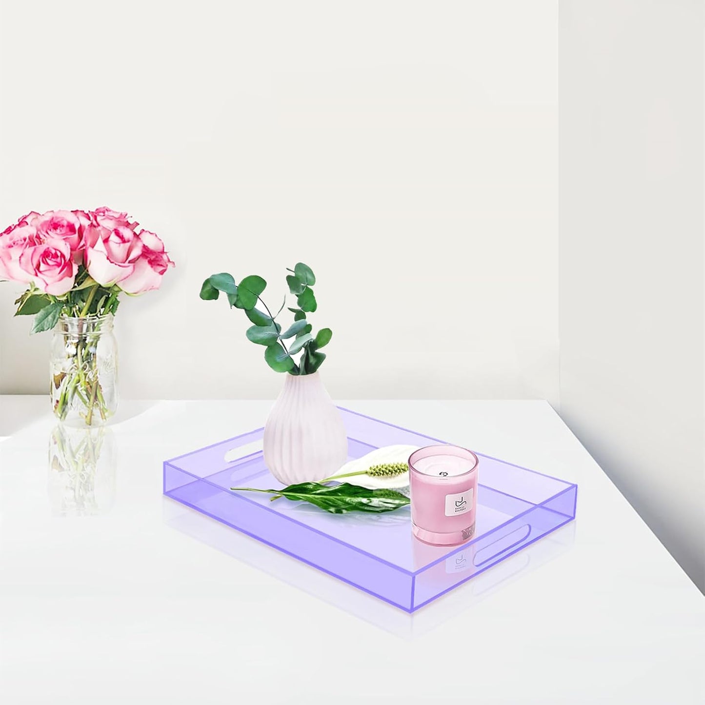 SetGame Acrylic Serving Tray with Handles, Bathroom Desktop Decorative Storage Arylic Trays, Simple Vanity Tray Food Tea Fruit Dinner Snack Tray for Bar Kitchen Party