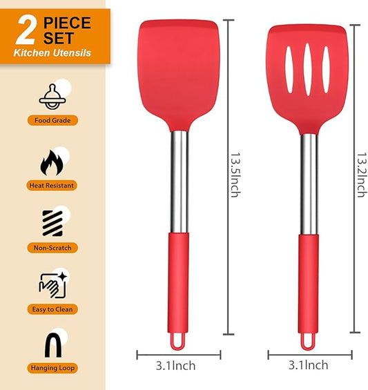 Silicone Spatula Set of 2, E-far Solid & Slotted Turner for Nonstick Cookware, Heat Resistant Rubber Kitchen Cooking Utensils for Flipping Fish Pancake Egg - Red