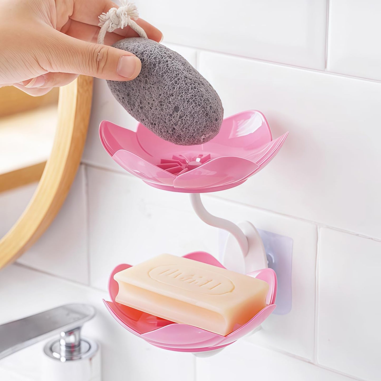 2 Pack Soap Dish Holder for Shower Bar Double Layer Cute Lotus Shape Adhesive Tray Sink Wall Mounted Shampoo NO-Drilling Self Draining Hanging Saver Rack Plastic Bathroom Bathtub Kitchen，Pink+Purple