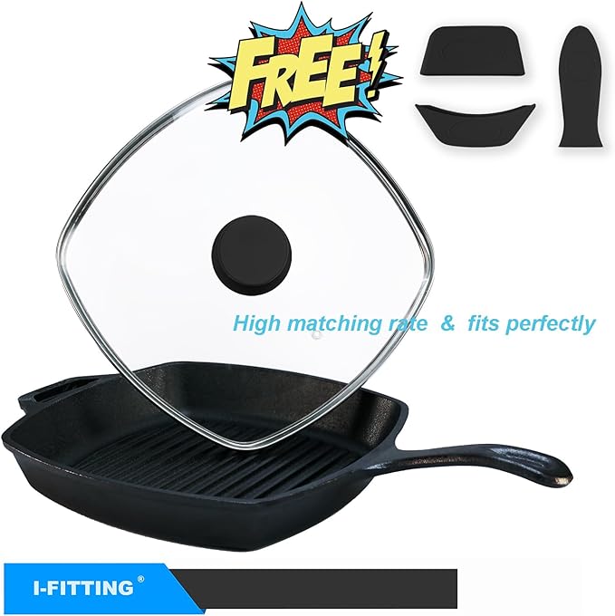 Square Glass Lid for Grill Pans with Steam Vent Hole - Fits Lodge Cast Iron Skillets 10.5inch/26.67cm Silicone Potholder- Square Tempered Glass Lid - Universal Replacement Cover Silicone Knob