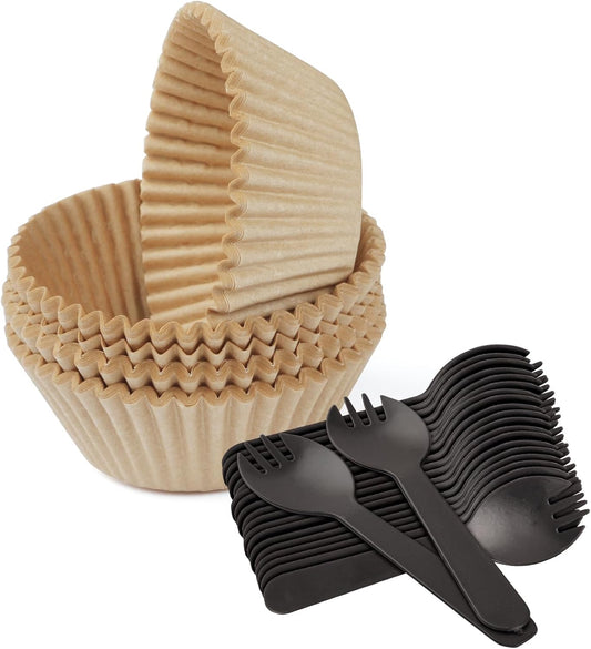 100PCS Standard Natural Cupcake Liners with 100 Plastic Spoons for Baking Cupcakes and Muffins (100, Natural, Small)