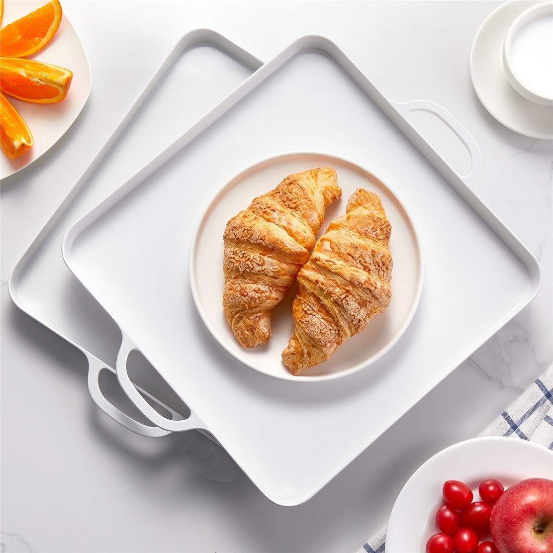 Square Serving Trays with Handles Melamine White 12.5x12.5 Inch Spill Proof Kitchen Eating Trays Set of 2 for Cafeteria Cafe Food Appeizer Dessert Snack Dinner Lunch Breakfast,TR14-02
