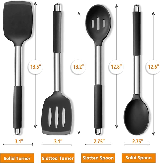E-far Cooking Utensils Set of 4, Silicone Kitchen Utensils for Non-stick Cookware, Heat Resistant & Non-toxic Slotted Spatula Solid Spoon Turner for Flipping Mixing Serving Basting(Black)