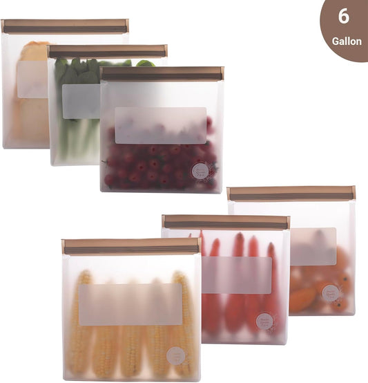 Reusable Food Storage Bags – 6-Pack Stand-Up, BPA-Free, Freezer, Dishwasher Safe & Eco-Friendly – 6 Gallon Bags – Airtight Leakproof, Organization and Storage Baggies (Grey)
