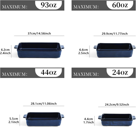 VICRAYS Ceramic Bakeware Set, Porcelain Rectangular Lasagna Pans Casserole Dish Set for Baking, Cooking, Kitchen, Cake Dinner, Banquet and Daily Use, 4 PCS, Blue(9.52"/11.06"/11.77"/14.56")