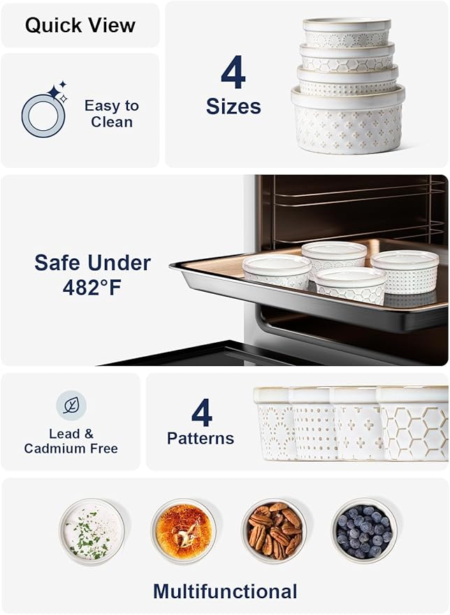 LE TAUCI Ramekins 4 oz Oven Safe for Creme Brulee, Charcuterie Boards Bowls for Souffle, Small Sauce Bowl, Ceramic Baking Dishes - 3.8 inch, Set of 4, Arctic White