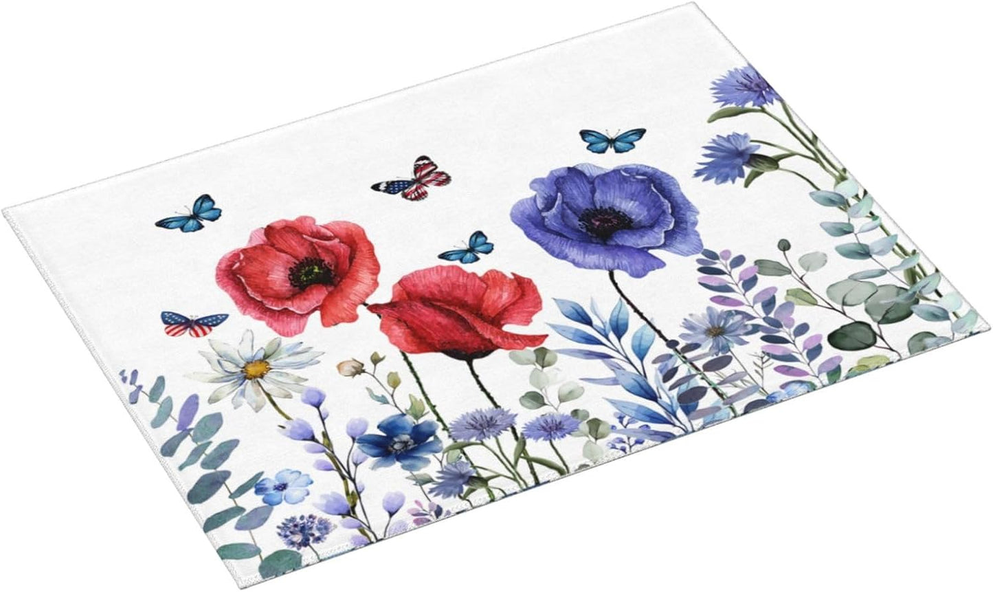 Independence Day Dish Drying Mat 18x24 For Kitchen Counter 4th Of July Blue Red Floral Kitchen Drying Mat Memorial Day Decorative patriotic Flower Drying Pad for Kitchen Decor,Dining Room