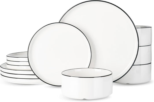 Famiware Porcelain Dinnerware Set, 12-Piece Modern Plate and Bowl Set, Dish Set for 4, Microwave and Dishwasher Safe Tableware, White with Black Trim
