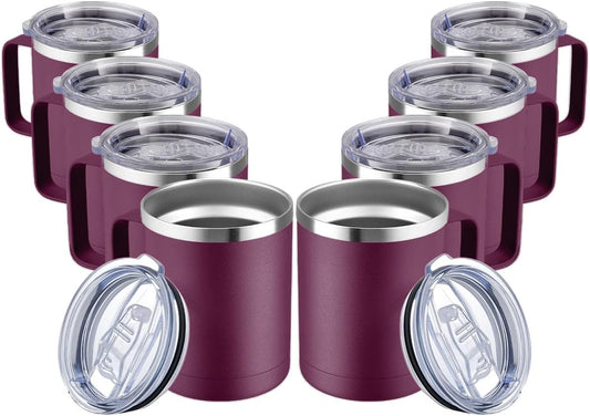 MEWAY 12oz Coffee Mug With Handle and Sliding Lid,Stainless Steel Travel Tumbler Cup with Handle,Double Wall Vacuum Insulated Camping Cup for Hot & Cold Drinks Tea (Plum,Set of 8)