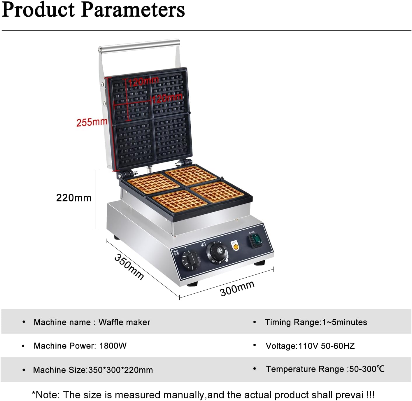 110V Commercial Square Waffle Maker ，4pcs Nonstick Electric Waffle Maker 1800W Electric Stainless Steel Belgian Waffle Machine with Temperature&Time Control for Snack Bar Home Bakeries