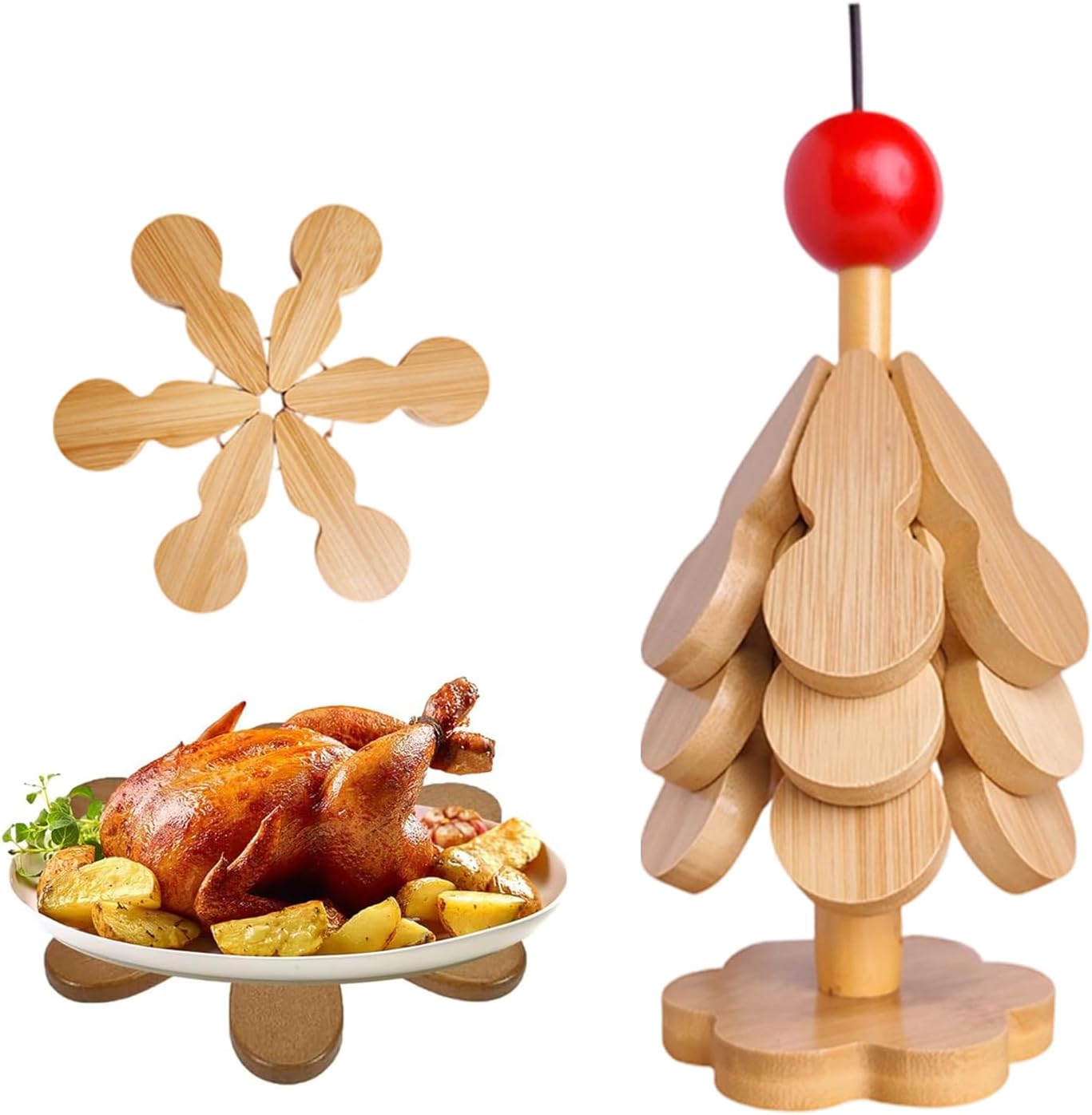 Natural Wood Tree Trivet Set, 2026 New Natural Tree Trivet Set 3 Trivets + 1 Stand for Hot Dishes, Foldable Kitchen Wooden for Hot Dishes, Pot, Bowl, Teapot, Hot Pot Holders (B)