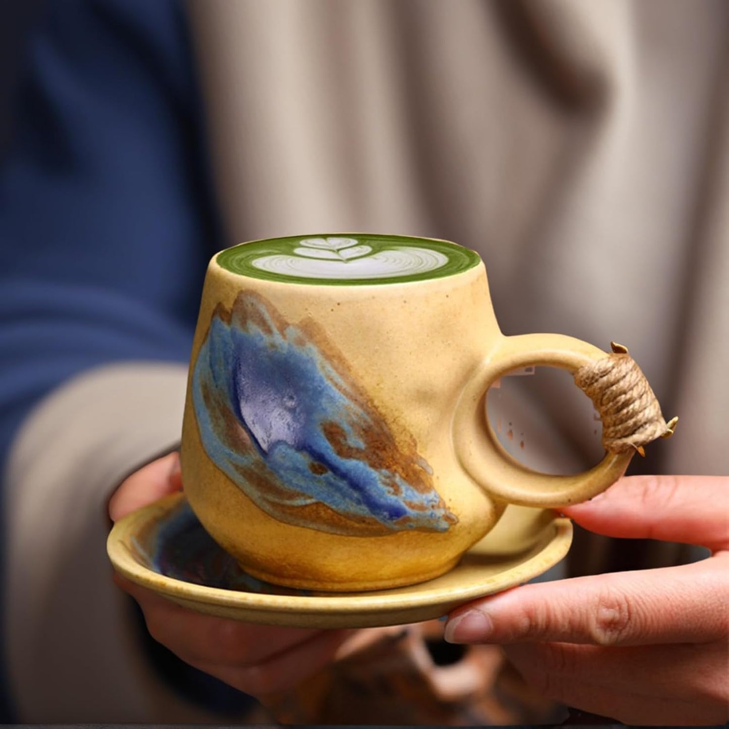 10oz Unique Vintage Retro Japanese Handmade Ceramic Cappuccino Barista Cup with Saucer, Coffee Cup and Saucer, Artisanal Stoneware Coffee Mug, Lead-Free Latte Art Mug (1, Light brown)
