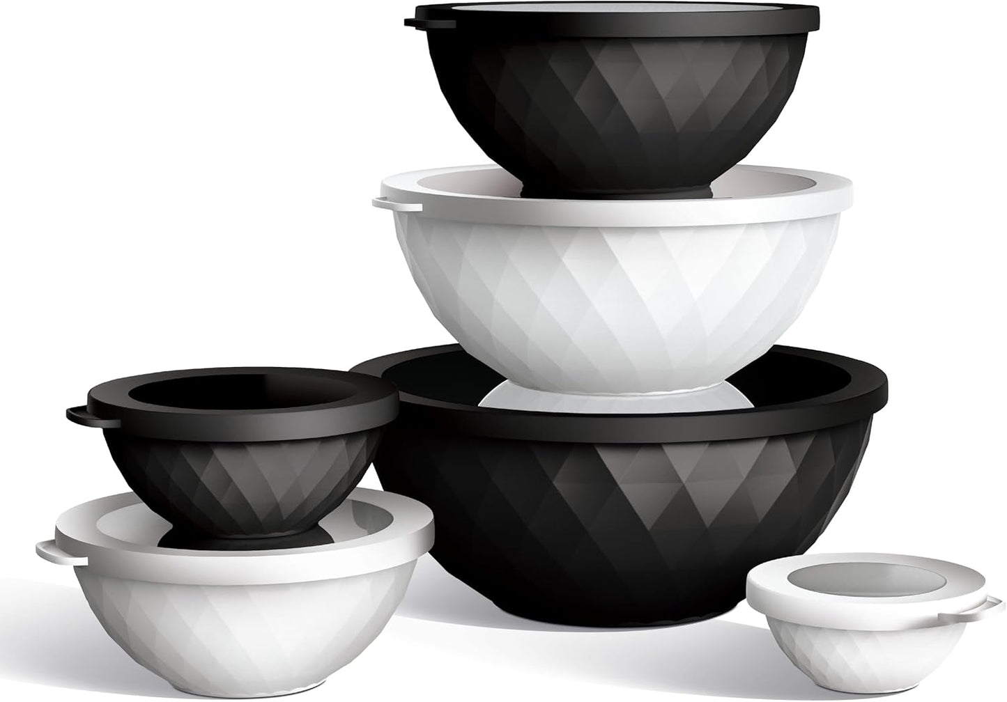 COOK WITH COLOR Mixing Bowls with Lids - 12 Piece Plastic Nesting Bowls Set includes 6 Prep Bowls and 6 Lids, Diamond Design - Microwave Safe, Black and White