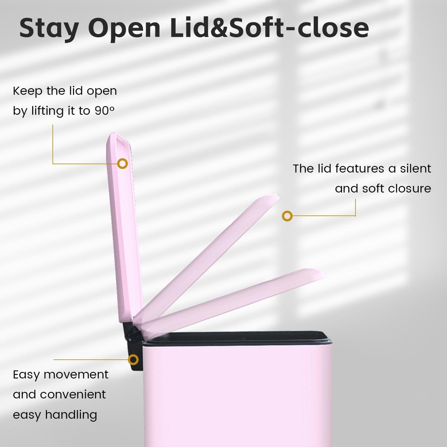 Pink 16.7L/4.4 Gallon Bathroom Trash Can with Lid. Features a removable inner bucket, a soft - close lid, and a stainless - steel step pedal. Ideal for use in the bathroom, kitchen, and home office.