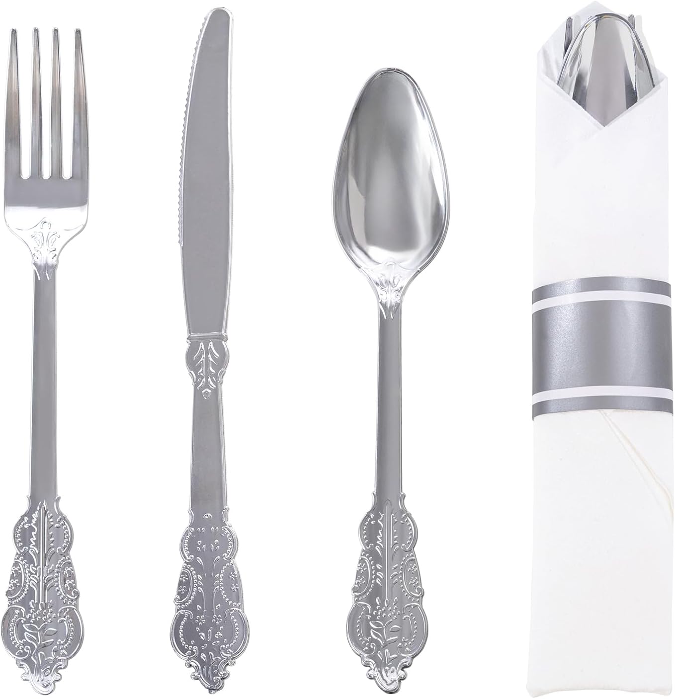 WELLIFE 50 Pack Silver Plastic Silverware, Wrapped Silverware Set Disposable,Plastic Utensils Set Include 50 Forks, 50 Knives, 50 Spoons and 50 Napkins, Disposable Cutlery for Party and Wedding