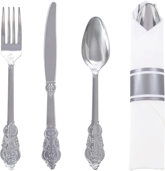 WELLIFE 50 Pack Silver Plastic Silverware, Wrapped Silverware Set Disposable,Plastic Utensils Set Include 50 Forks, 50 Knives, 50 Spoons and 50 Napkins, Disposable Cutlery for Party and Wedding