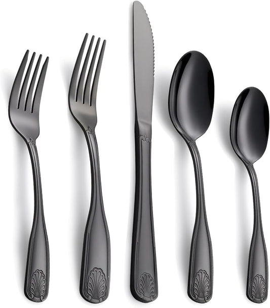 20-Piece Matte Black Flatware Set for 4, 18/0 Stainless Steel Cutlery Set with Shell Design, Dishwasher-Safe Silverware for Dinner Party, Holiday & Daily Use