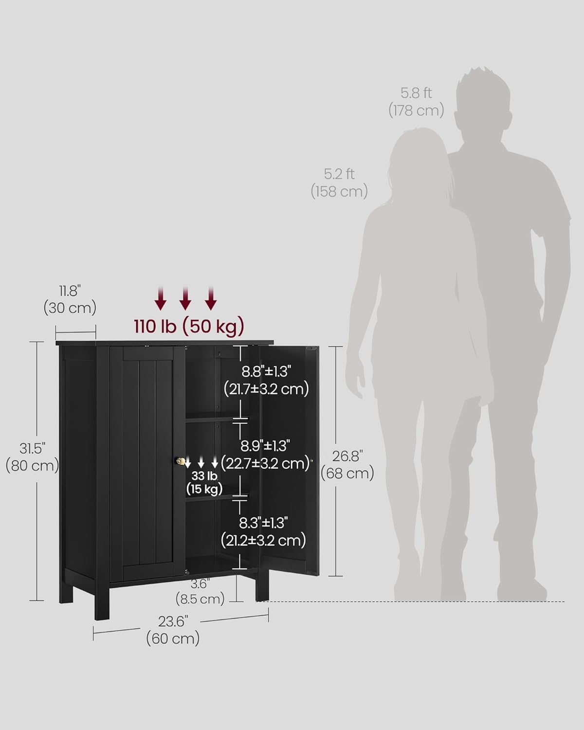 VASAGLE Floor Storage Cabinet, Freestanding Storage Unit with 2 Adjustable Shelves, for Bathroom Living Room Dining Kitchen, 11.8 x 23.6 x 31.5 Inches, Ink Black UBCB060B01