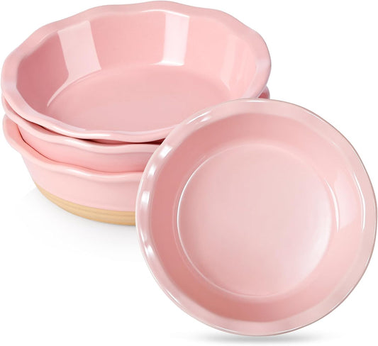 NUTRIUPS Small Pie Pans Set of 4, 6.5 Inch Ceramic Mini Pot Pie Baking Dishes, Oven Safe (6.5in, Pink, 4PCS)