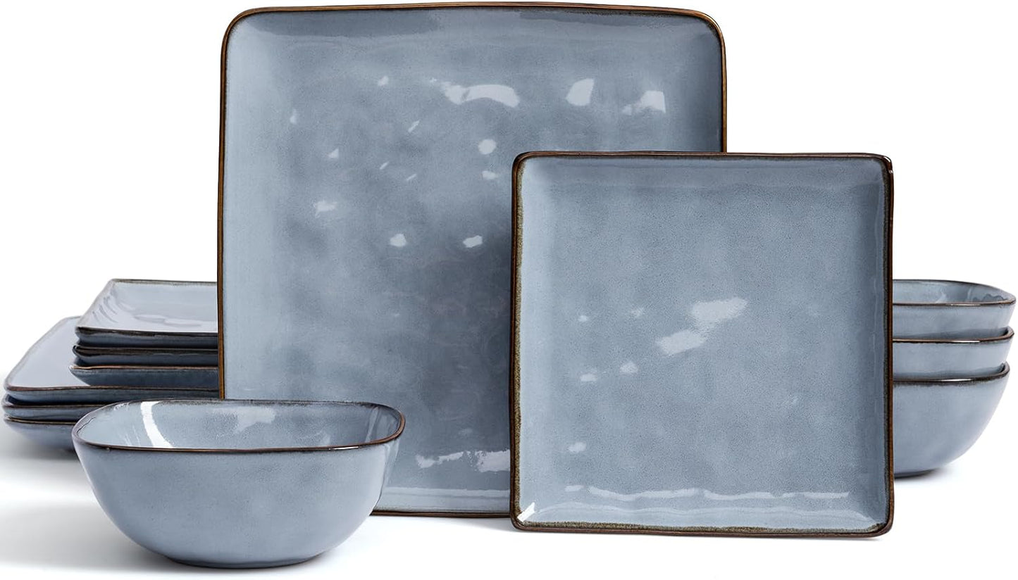 Famiware Dinnerware Sets for 4, Ocean Square 12-Piece Kitchen Plates and Bowls Sets, Reactive Glaze, Microwave and Dishwasher Safe, Scratch Resistant, Blue
