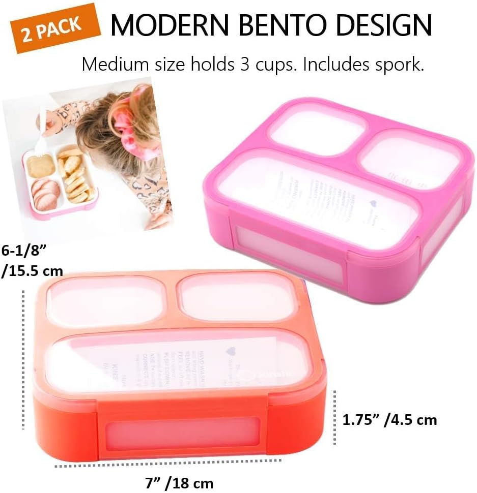 kinsho Bento Box for Kids, Toddler Lunch-Box Snack Container for Small Boys Girls in School Pre-School Daycare, Leakproof 3 Compartment Containers for Snacks, BPA Free. Medium Orange Pink 2 pack