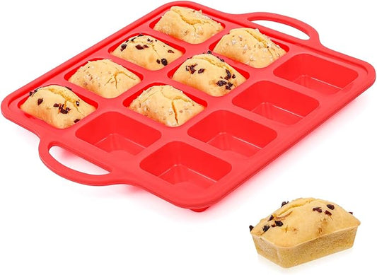 Silicone Mini Loaf pan, 12 Cavities Metal Reinforced Frame Nonstick Food Grade for Baking Mini Bread, Brownie, Cornbread, Cheesecake and Chocolate (1 Pack)