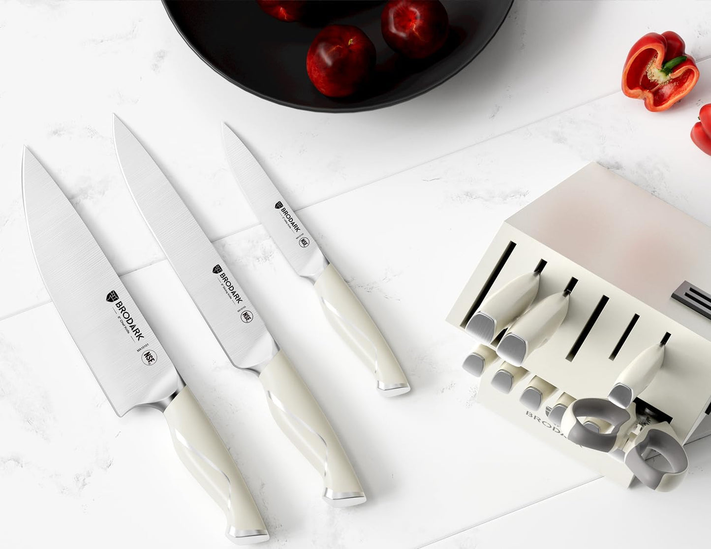 BRODARK Kitchen Knife Sets with Block and Built-in Sharpener - 15 Pcs Full Tang Professional Chef Knife Set - NSF Certified Food Grade Stainless Steel Cutlery Set - Ivory Series