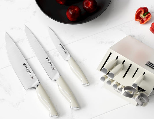 BRODARK Kitchen Knife Sets with Block and Built-in Sharpener - 15 Pcs Full Tang Professional Chef Knife Set - NSF Certified Food Grade Stainless Steel Cutlery Set - Ivory Series