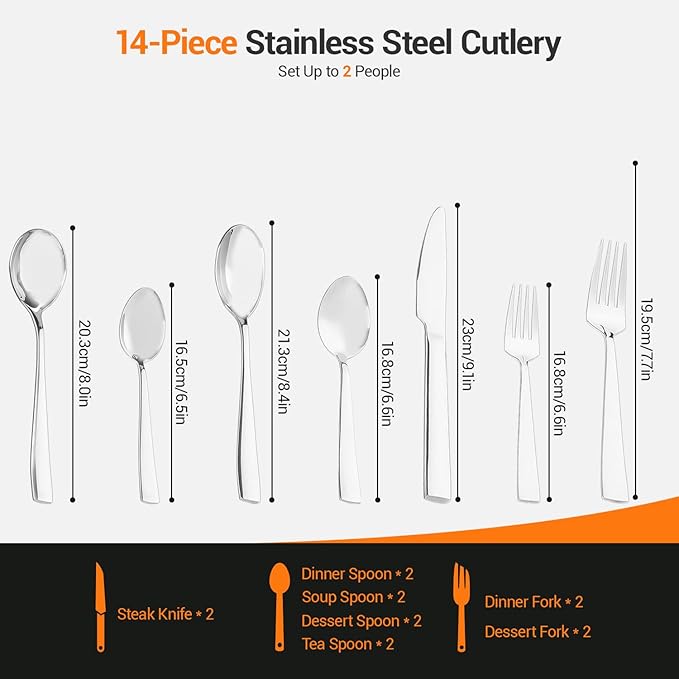 Silverware Set for 2, 14-Piece Heavy Duty 304 Stainless Steel Flatware Set, Mirror Polished Cutlery Set, Forks Spoons and Knives Set for Home Restaurant Dinner Party, Silver