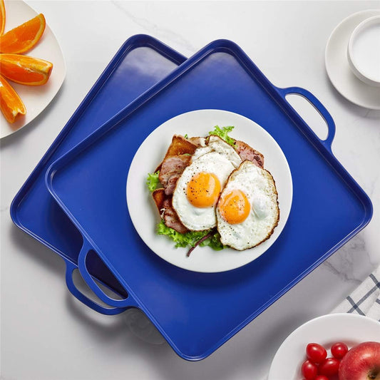 Square Serving Trays with Handles Melamine Dark Blue 12.5x12.5 Inch Spill Proof Kitchen Eating Trays Set of 2 for Cafeteria Cafe Food Appeizer Dessert Snack Dinner Lunch Breakfast,TR15-02