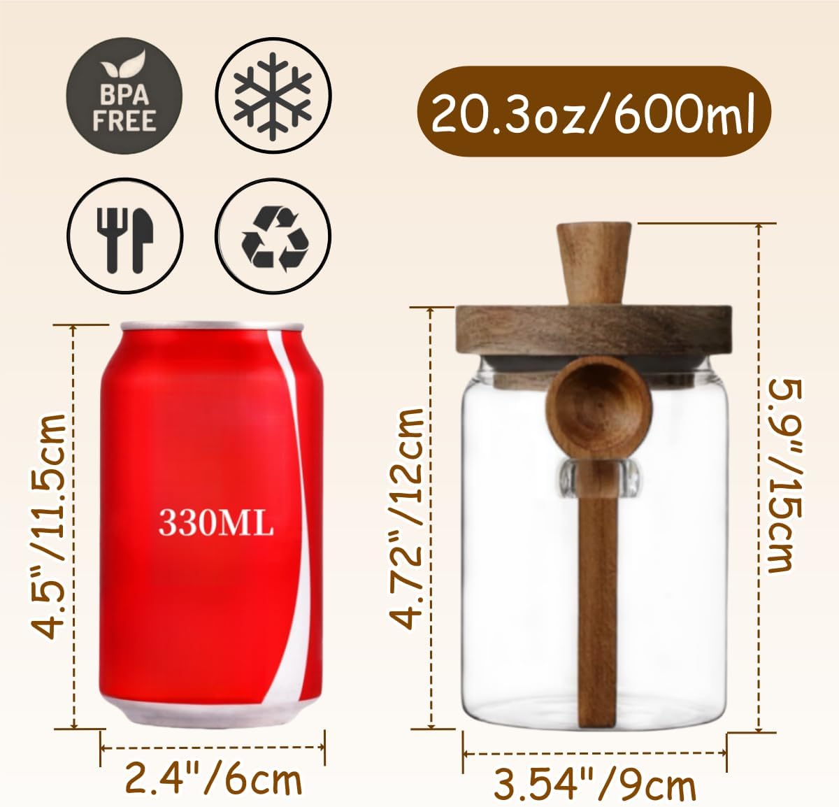 ANSQU Glass Jar with Wooden Lid and Spoon, 20.3oz Food Storage Containers Coffee Jar Coffee Grounds Container, Glass Food Storage Canister (1 Pack)