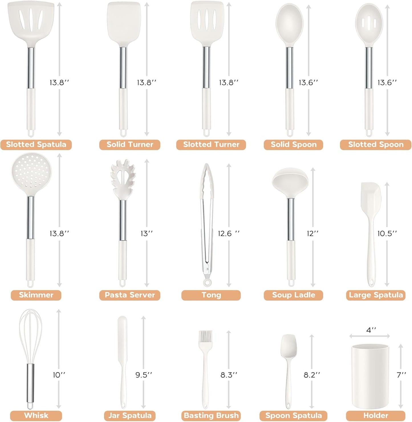 Onader Silicone Kitchen Utensils Set, 15pcs White Silicone Cooking Utensils Set with Holder, Includes Heat Resistant Spatula Turner Spoon Whisk Tong