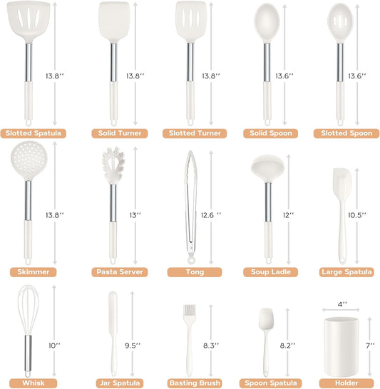 Onader Silicone Kitchen Utensils Set, 15pcs White Silicone Cooking Utensils Set with Holder, Includes Heat Resistant Spatula Turner Spoon Whisk Tong