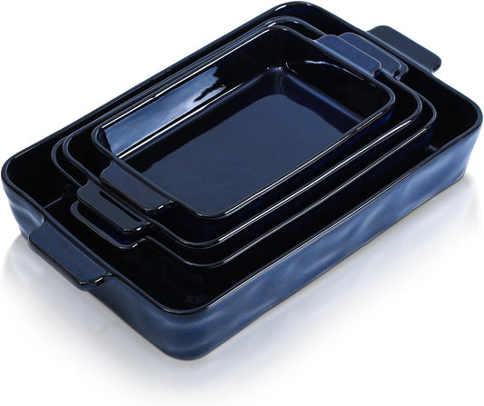 VICRAYS Ceramic Bakeware Set, Porcelain Rectangular Lasagna Pans Casserole Dish Set for Baking, Cooking, Kitchen, Cake Dinner, Banquet and Daily Use, 4 PCS, Blue(9.52"/11.06"/11.77"/14.56")