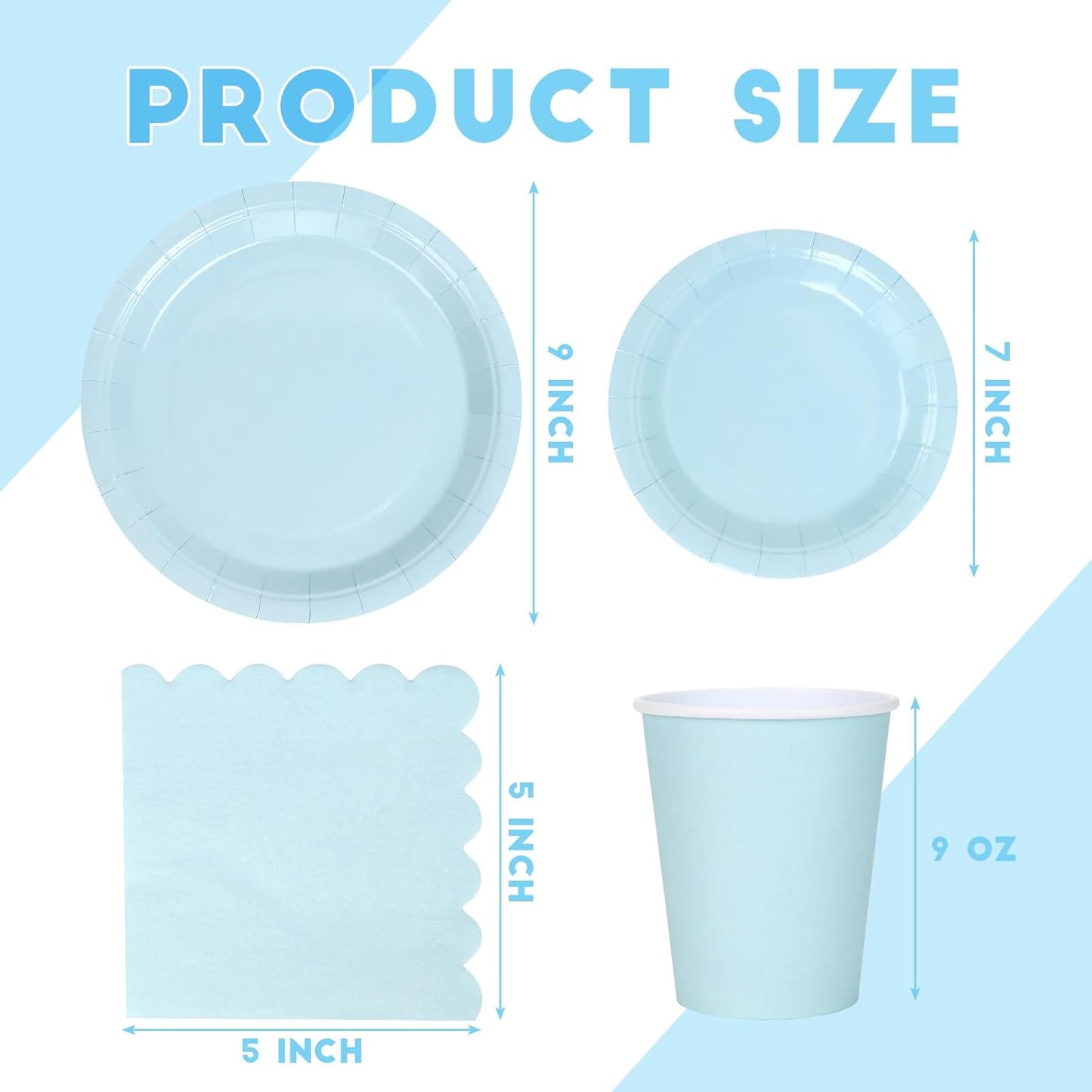 150 Pcs Disposable Party Dinnerware Supplies Set Includes 7'' 9'' Disposable Paper Plates 9oz Paper Cups Scalloped Cocktail Napkins for Baby Shower Birthday Wedding(Light Blue)