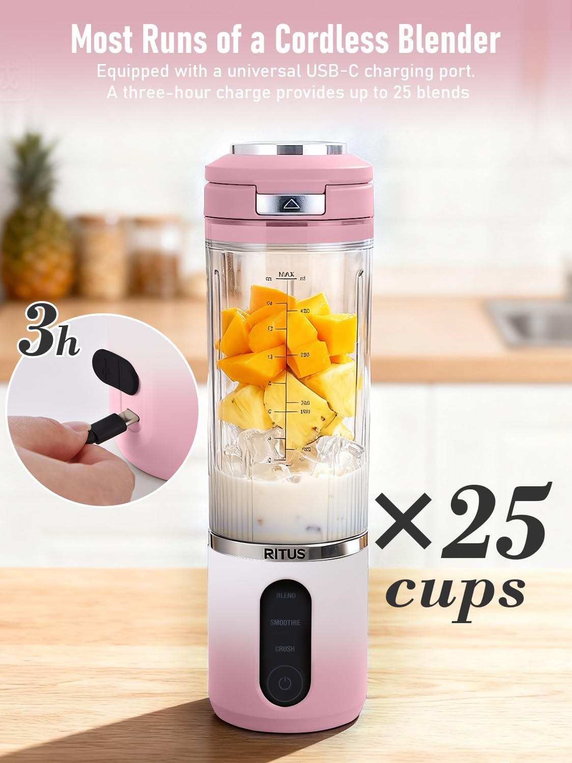 RITUS VORTEX Pro Portable Blender,Personal Blender w/Removable Vessel-for-Smoothies Blend Ice Crush 3 Programs,Cordless 20oz BPA Free Vessel Magnetic-Ring Dishwasher Safe, Leakproof，Pink